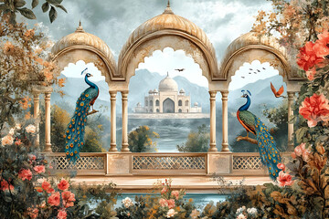 Peacocks and Taj Mahal Illustration - Indian Architecture, Mughal Art, Floral Background, Scenic View