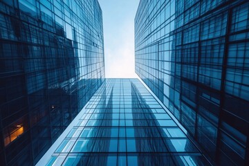 Reflective skyscraper business office buildings. Bottom up view of big modern city urban landscape.
