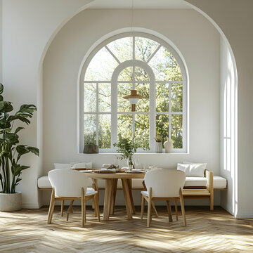 Modern Dining Room Illustration with Arch Window and Hardwood Floors