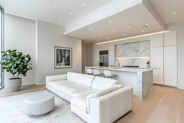 Fototapeta premium Photo of Modern White Living Room With Open Kitchen Design