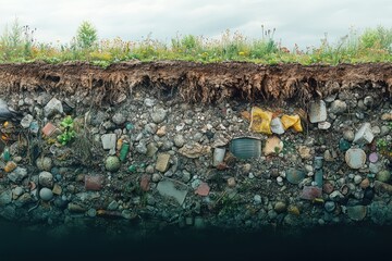 Obraz premium A cross-section of soil revealing a large amount of plastic and other waste buried beneath the surface, with a field and blue sky above.