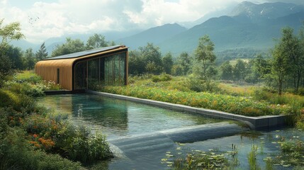 Modern wooden house with a pool in a lush green valley.