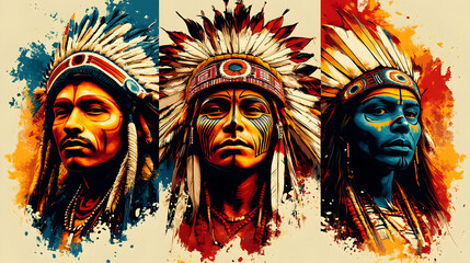 Native American Warrior Portraits in Bold Colors and Feathers