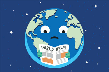 Earth globe mascot reading newspaper with world news. Vector flat illustration
