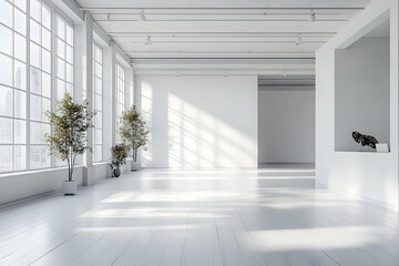 Obraz premium 3D Illustration - Spacious White Room with Sunlight Streaming Through Large Windows