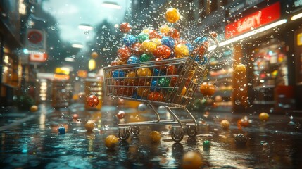 Fototapeta premium 3D illustration of shopping carts overflowing with product bundles, with bright discount signs for Black Friday, leaving a large space for text at the top 3D illustration