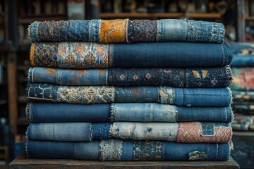 Fototapeta premium A stack of vintage denim fabrics with intricate patchwork designs, showcasing blue, red, yellow, and orange colors.