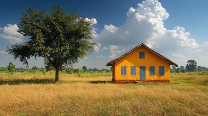 Fototapeta premium A bright yellow house with blue windows sits in a field of tall grass with a lone tree in the foreground under a blue sky with white clouds.