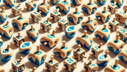 Seamless Tile Pattern of 3D Eco-Friendly Watercolor Hanukkah Dreidels on Natural Background - Zero Waste Design Focused on Sustainability