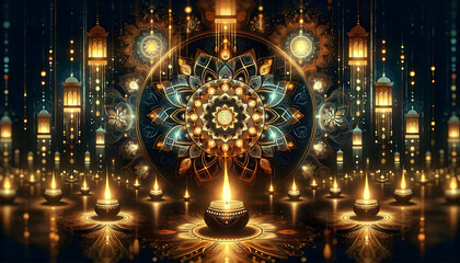 Abstract digital art of Diwali lanterns and glowing patterns representing a cultural gathering concept as A cultural abstract artwork showcasing glowing Diwali lanterns and intricate patterns represen