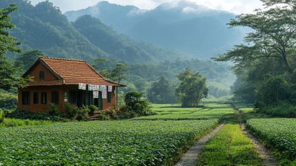 Fototapeta premium A traditional wooden house with a red tiled roof stands in a lush green field with rolling hills in the background.