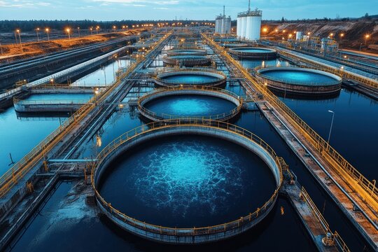 Aerial view of a modern wastewater treatment plant with circular sedimentation tanks and filtration systems at dusk.