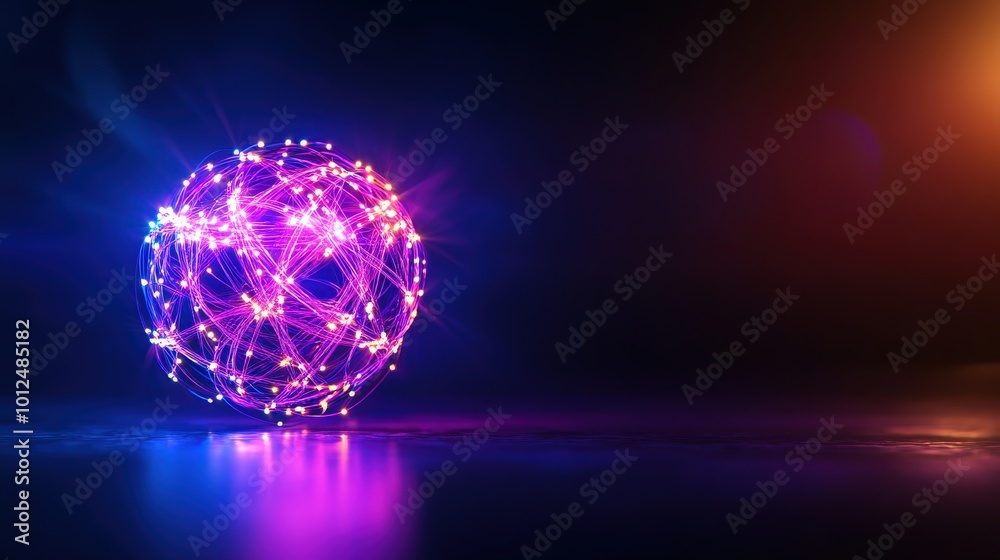 Sticker Abstract glowing sphere with colorful lights on a dark background.