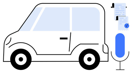 Simplified car with documents and microphone ideal for voice control, smart transportation, autonomous driving, technological innovation, and document management. Modern minimalist style