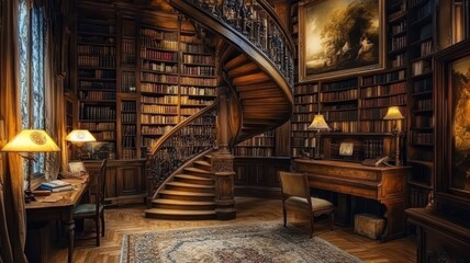 Spiral staircase in an expansive room, bookshelves covering walls, old-fashioned clock and vintage painting, warm and inviting ambiance 