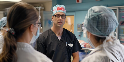 Obraz premium Surgeon discussing procedure with team, Medical team in pre-surgery briefing 