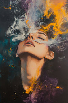 Woman abstract virality face extasis white and yellow smoke