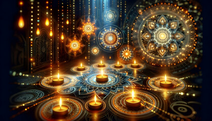 Abstract Digital Art of Glowing Diwali Lanterns and Intricate Patterns Representing Cultural Gatherings for Modern and Traditional Celebrations in Photo Stock Concept