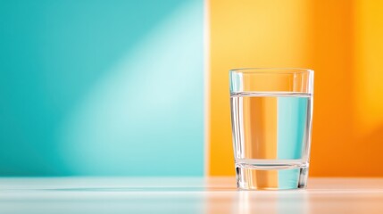 A clear glass filled with water rests against a striking turquoise and amber backdrop, highlighting color contrast and minimalistic design in a photographic setting.