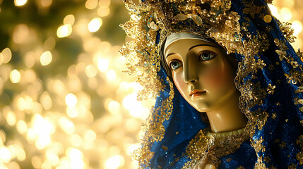 Golden Crowned Statue, Blue Robe, Bokeh Lights