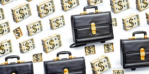 Seamless Tile Pattern of Minimalist Briefcases, Bills, and Dollar Signs on White Background - Representing Financial Success, Currency Exchange, and Business Transactions for Finance-Related Websites