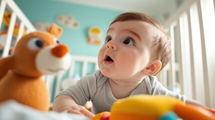 A baby gazes in amazement at a stuffed toy, surrounded by vibrant pastel colors and a welcoming nursery environment, evoking wonder and playfulness.
