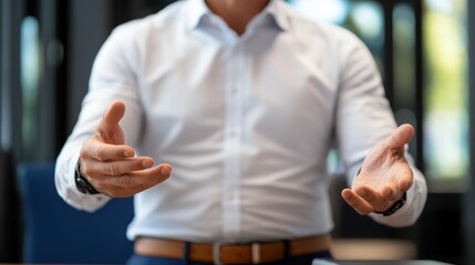 A man in a formal shirt gestures with open hands, conveying openness and expressiveness in a professional environment, suggesting communication and engagement.