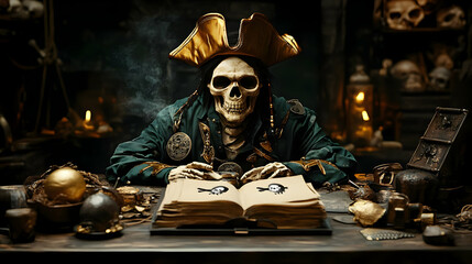 Skeleton Pirate Reads an Ancient Book With Skull and Crossbones