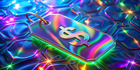 Fototapeta premium Holographic price tag with glowing currency symbols and copy space concept as An artistic image of a glossy holographic price tag featuring glowing currency symbols; set against a holographic backgrou