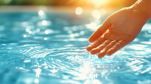 A hand gently touches the clear blue water, creating ripples in the sunlight. This serene image captures the soothing quality of water and light interaction beautifully.