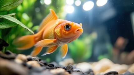 A goldfish with elaborate fins elegantly swims in a freshwater aquarium, surrounded by green plants and pebbles, creating a soothing aquatic environment.