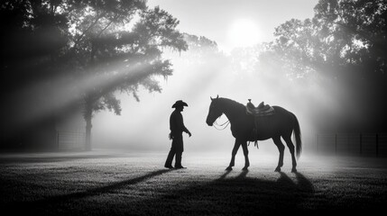A cowboy walking alongside a trusty horse in a timeless black and white scene, capturing the essence of the rugged western lifestyle and the deep bond between man and animal