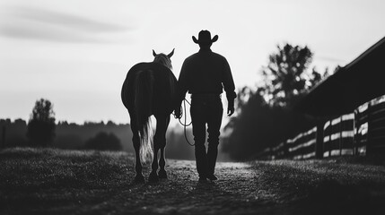 A cowboy walking alongside a trusty horse in a timeless black and white scene, capturing the essence of the rugged western lifestyle and the deep bond between man and animal