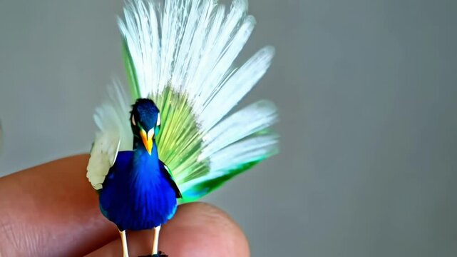 A vibrant peacock with bright blue feathers on display, symbolizing beauty, nature, and elegance. The peacock is perched, showcasing its majestic plumage in full view.