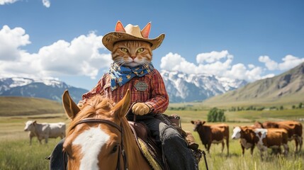 A playful cat cowboy skillfully riding a horse while herding and grazing cows across the vibrant landscape, blending humor and rustic charm in a delightful rural scene
