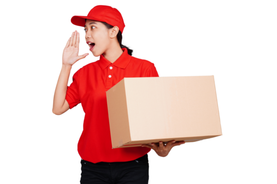 Smiling asian delivery courier woman holding boxed packages and showing shouting hand sign gesture isolated transparent