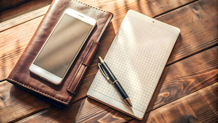 Minimalist Flat Lay of Smartphone with Financial App, Sleek Pen, and Notebook on White Surface � Modern Finance Tools for Mobile Banking and Financial Apps