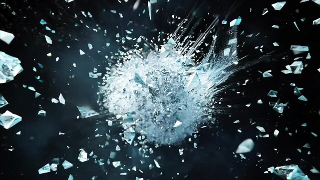 Dynamic slow-motion shattering of glass or ice, fragments flying in all directions