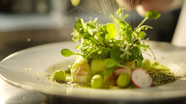A seasonal tasting menu at a fine dining restaurant featuring a spring dish with vibrant green ingredients beautifully plated