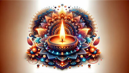 3D Glowing digital Diwali diya with mandala patterns capturing the cultural and festive spirit for banners concept as An abstract digital art banner featuring a glowing Diwali diya with intricate mand