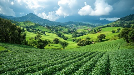 Rolling green hills and mountains under a cloudy sky.