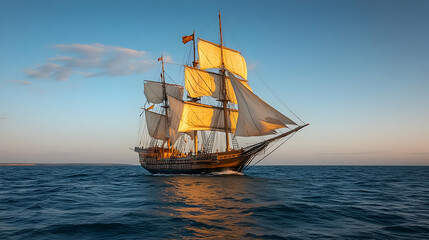 Sailing Ship on the Ocean at Sunset with Full Sails