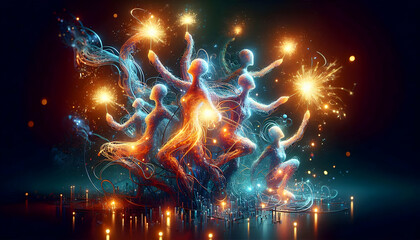 Abstract Glowing Figures Celebrating with Sparklers - Vibrant Digital Artwork of Annual Event Festivity with Radiant Happiness