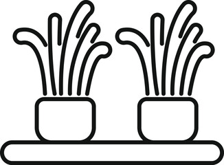 Two potted plants with long leaves standing on shelf represented in thin line style