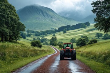 A red tractor drives down a country road in a lush green valley with a mountain in the background.