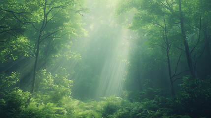 Fototapeta premium A stunning nature scene of a dense forest with light streaming through the trees and a clear focus on the intricate details of the foliage