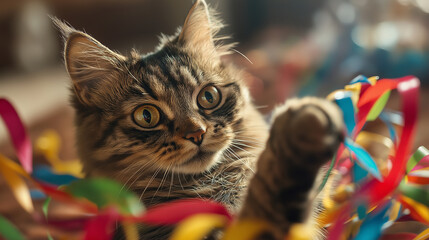 Cat Playing with Streamers – A fun image of a cat pawing at birthday streamers or decorations