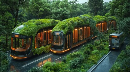 Fototapeta premium Modern, futuristic, eco-friendly electric trams with green roofs move through a forest in the rain.