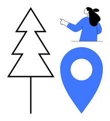 A person pointing, a map pin, and a simple Christmas tree outline. Ideal for holiday themes, navigation, travel, location services, minimalist design, and festive decorations. Modern and abstract