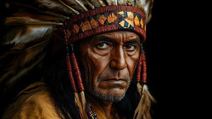 Native American Man Wearing Traditional Headdress with Feathers